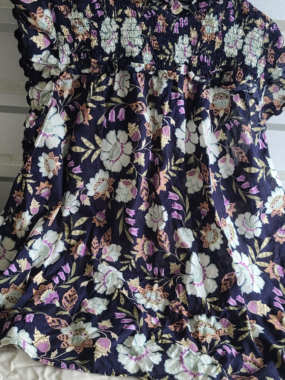 100% Cotton Lane Bryant Navy Floral Smocked Cap Sleeve Top